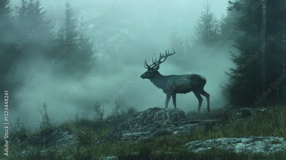 Majestic elk standing in misty forest clearing amidst dense fog and trees Majestic elk standing in misty forest clearing amidst dense fog and trees