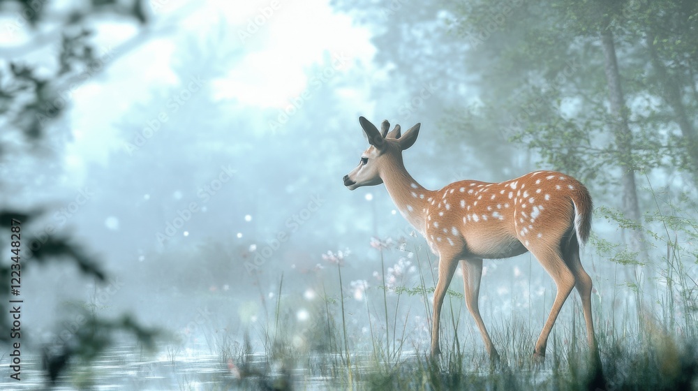 Young deer in misty forest clearing with lush greenery and soft light Young deer in misty forest clearing with lush greenery and soft light