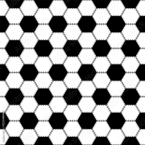 Soccer ball seamless pattern. Repeating black football print isolated on white background. Abstract balls patern repeat wallpaper. Repeated hexagon texture for sport prints design. Vector illustration
