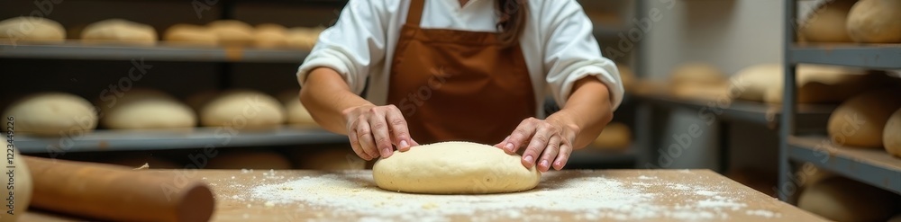 Latina meticulously shaping bread dough in large bakery, process, food production, equipment Latina meticulously shaping bread dough in large bakery, process, food production, equipment