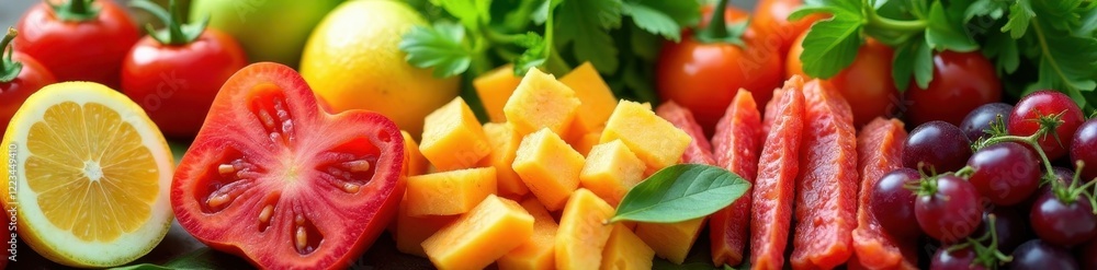 Close-up of diverse healthy foods arranged in a gradient , composition, closeup, nutrition Close-up of diverse healthy foods arranged in a gradient , composition, closeup, nutrition