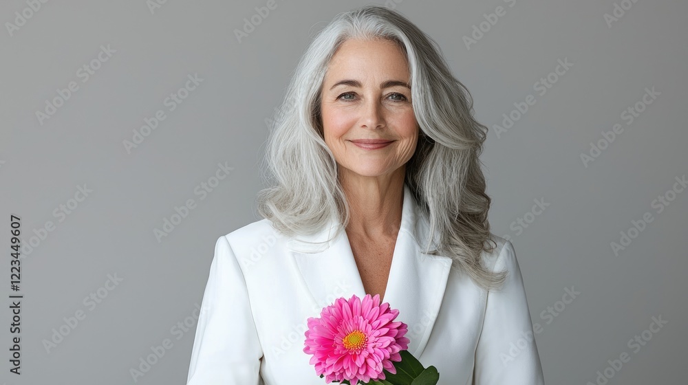 Mature woman, grey hair, flower, portrait, studio, elegance Mature woman, grey hair, flower, portrait, studio, elegance
