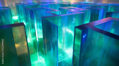 A labyrinth made of glowing, translucent panels in shades of blue and green.  photo