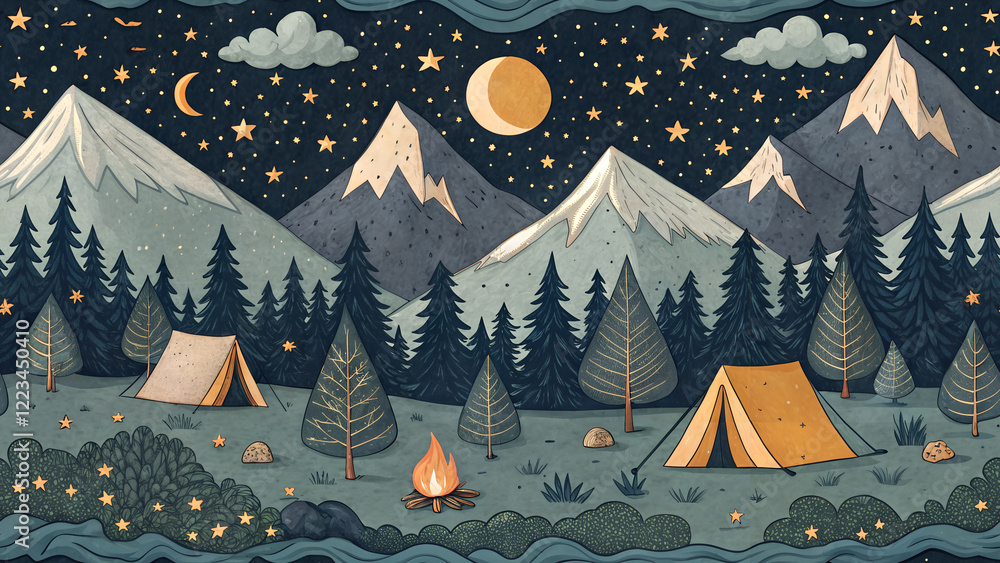 Illustration of tourist tents in the mountains at night - seamless pattern for your design Illustration of tourist tents in the mountains at night - seamless pattern for your design