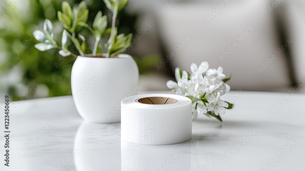 White vase, tape, flowers on marble table, modern home decor White vase, tape, flowers on marble table, modern home decor