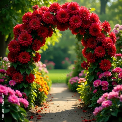 Scarlet Dahlia flowers in a garden archway with other colorful blooms, bloom, archway, gardenstyle photo