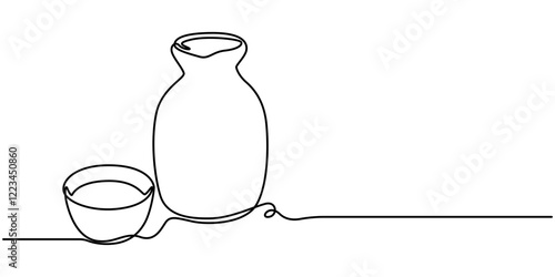 Japanese pottery vessels continuous one line drawing, Old engraved illustration of Ancient Greek vase, Pottery of ancient Greece, Still Life, Sake Icon on Transparent Background, Sake Drink Icon Flat.