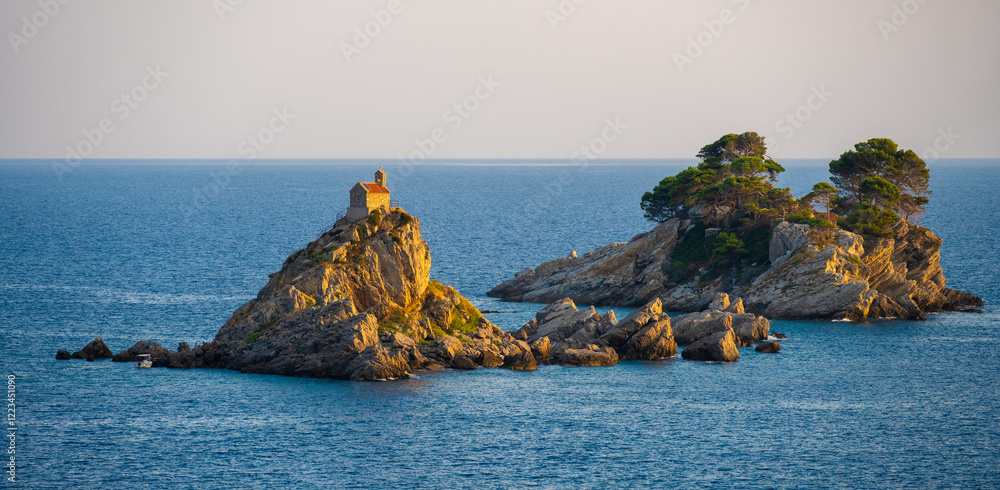 St. Nedjelja Church on rocky island in Petrovac na Moru in Montenegro