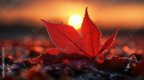 Vibrant red maple leaf with dew at sunrise in autumn landscape photo