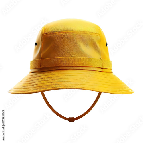 A bright yellow waterproof hat with a long back flap, typically worn by fishermen ISOLATED ON TRANSPARENT BACKGROUND