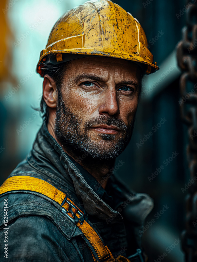 Vertical portrait of a docker close-up, serious face of a worker supervising the loading of containers on a ship in a port, copy space for logistics and cargo delivery concept by sea trade routes Vertical portrait of a docker close-up, serious face of a worker supervising the loading of containers on a ship in a port, copy space for logistics and cargo delivery concept by sea trade routes
