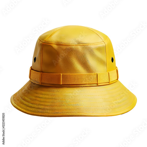 A bright yellow waterproof hat with a long back flap, typically worn by fishermen ISOLATED ON TRANSPARENT BACKGROUND