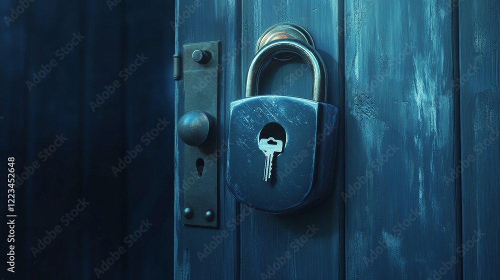 Obraz premium 3d lock padlock with key. Blue secure locker icon. Isolated secret privacy keyhole for door or house protection. Business security sign. Realistic closed insurance object png for website design