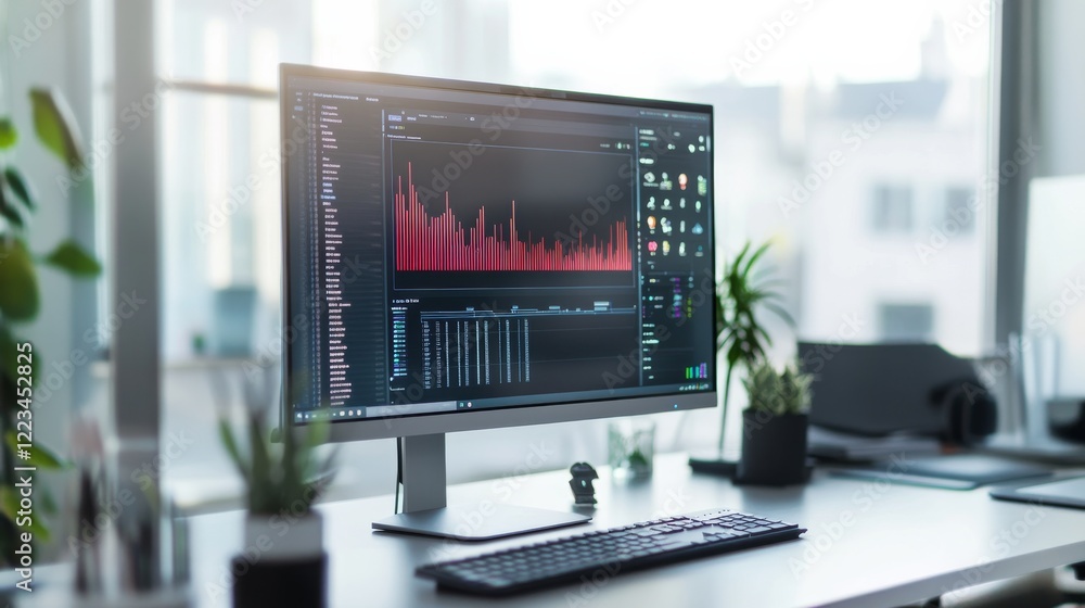 A high-resolution 4K monitor displaying detailed graphics in a modern workspace, clean and minimalistic setup, High-tech style A high-resolution 4K monitor displaying detailed graphics in a modern workspace, clean and minimalistic setup, High-tech style