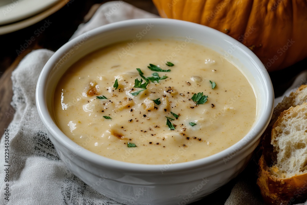 Pumpkin cream soup in a bowl and part of pumpkin, traditional Thanksgiving food vector Illustration on a white background Pumpkin cream soup in a bowl and part of pumpkin, traditional Thanksgiving food vector Illustration on a white background