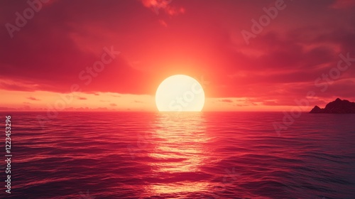 Crimson Sunset: Ocean Horizon with a Fiery Sun