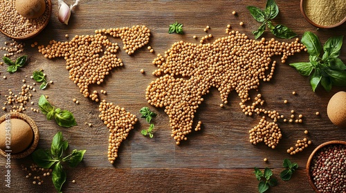 World Map Made of Pulses on Wooden Background with Herb Sprigs Accent for Global Wellness photo