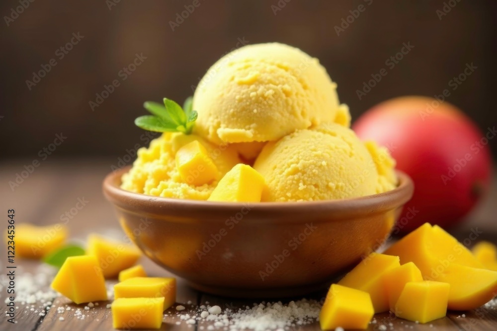 Scoop of creamy yellow ice cream with chopped mango pieces mixed in it, mango, indulgent Scoop of creamy yellow ice cream with chopped mango pieces mixed in it, mango, indulgent