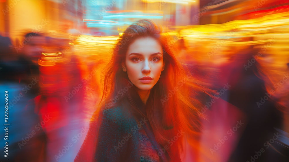 Woman stands in a blurry city street at night, her gaze focused amidst the swirling lights and rushing crowd, evoking a sense of anonymity and urban solitude Woman stands in a blurry city street at night, her gaze focused amidst the swirling lights and rushing crowd, evoking a sense of anonymity and urban solitude