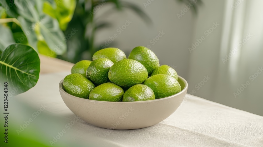 Elegant A bowl filled with fresh organic avocados their dark green skins contrasting with a beige linen tablecloth with sunlight streaming through nearby leaves Elegant A bowl filled with fresh organic avocados their dark green skins contrasting with a beige linen tablecloth with sunlight streaming through nearby leaves