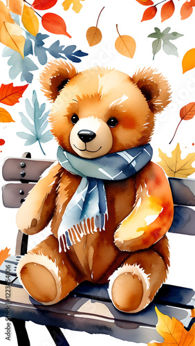 Cozy Autumn Mood: Scarf-Clad Teddy Bear on a Bench photo