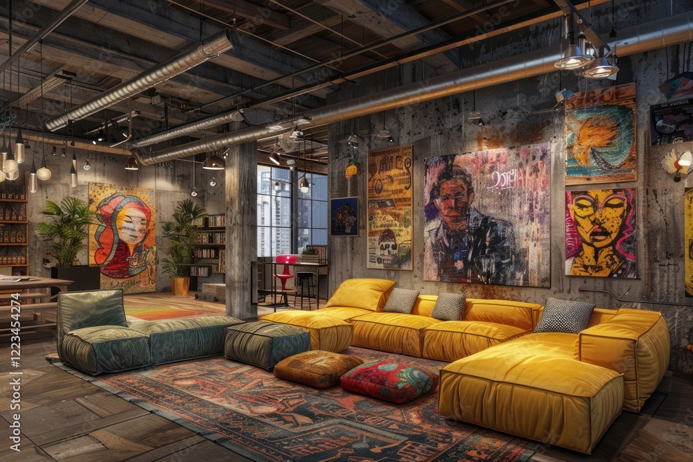 Obraz premium This loft art space combines a gallery area, studio spaces, and a cozy café corner, showcasing modern industrial design