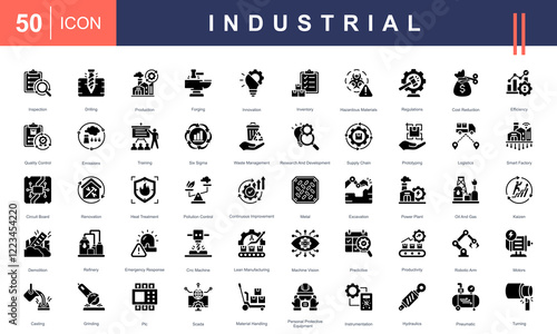 Icons set representing Industrial processes, including production, quality control, logistics, machinery, waste management, innovation, safety protocols, and robotics. Ideal for manufacturing projects