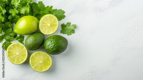 Elegant A flat lay of organic avocados some halved and some whole arranged with fresh lime slices and cilantro on a marble countertop  © AI Petr Images