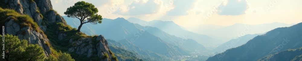 A serene landscape with a tree growing out of a rocky hillside , life insurance, rural, stability A serene landscape with a tree growing out of a rocky hillside , life insurance, rural, stability