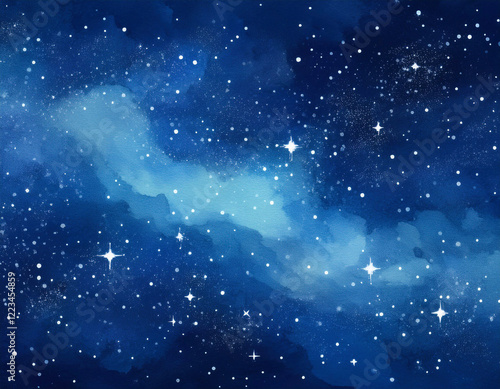 Starry night sky painted with rich watercolor textures in deep blue tones