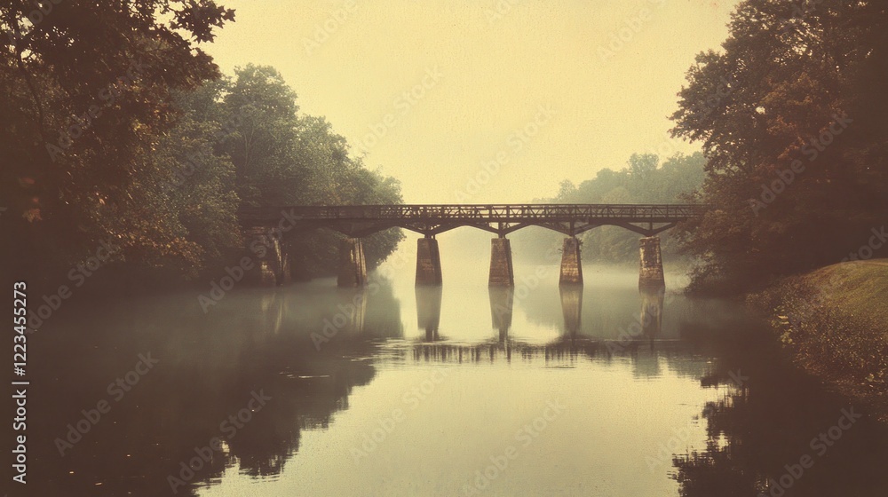Fototapeta premium Wooden Bridge Spanning Misty River Autumn Scene