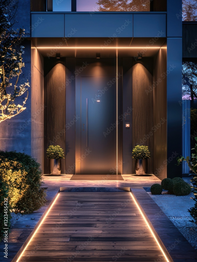 Fototapeta premium Biometric door glows at night, with a sleek path illuminated by soft LEDs leading to the modern home entrance