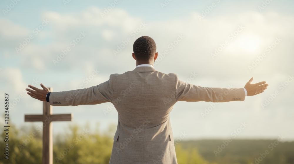 Elegant Black deacon in a suit praying with outstretched arms in front of a cross illuminated by golden sunlight Elegant Black deacon in a suit praying with outstretched arms in front of a cross illuminated by golden sunlight
