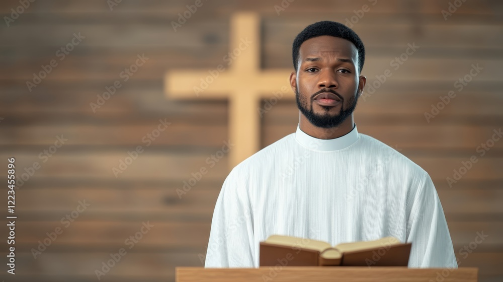Obraz premium Elegant Black pastor in a white robe passionately preaching from a wooden pulpit Bible in hand with a cross glowing behind him 