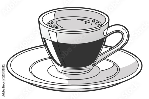 Clear glass espresso cup, saucer, layered coffee drink, crema, dark espresso, transparent mug, minimalist design, coffee art, beverage photography, rich brown tones, reflective surface, close-up shot,
