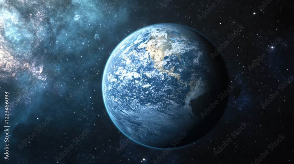 Earth in space with stars and nebulae in background Earth in space with stars and nebulae in background