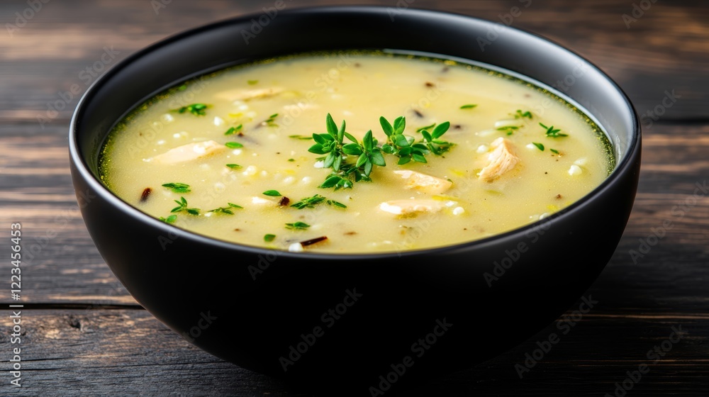 Elegant Chicken soup with wild rice and mushrooms garnished with fresh thyme served in a black bowl on a dark wooden table for a rich and rustic look Elegant Chicken soup with wild rice and mushrooms garnished with fresh thyme served in a black bowl on a dark wooden table for a rich and rustic look