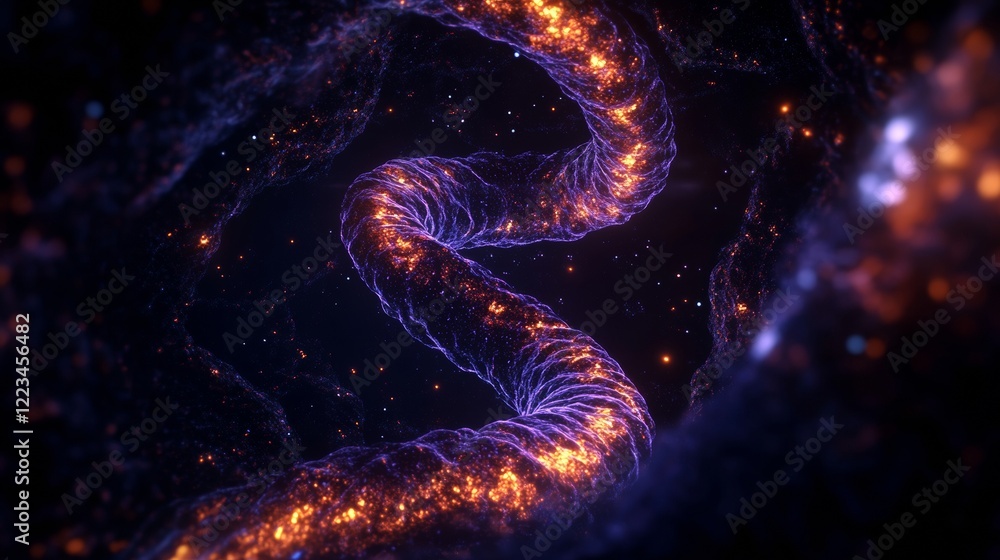 A glowing 3D DNA helix floating in a dark void with swirling energy particles. 
