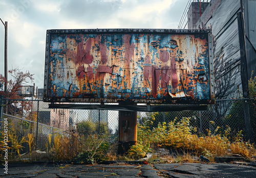 Fototapeta Naklejka Na Ścianę i Meble -  Sign with a red heart on it is in front of a fence. The sign is rusted and the fence is old. The scene is desolate and abandoned