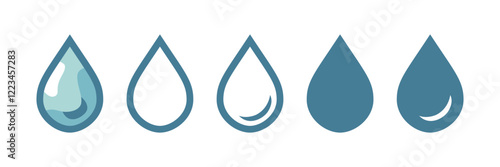Set of water droplet icons in various styles and outlines. Blue teardrop shapes with solid, outlined, and gradient-filled designs on a white background. Design for templates, banners, and infographics