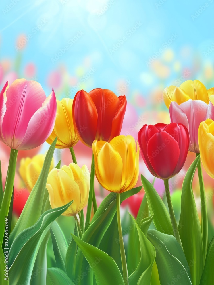 Vibrant tulip field in realistic raw style red yellow pink Vibrant tulip field in realistic raw style red yellow pink