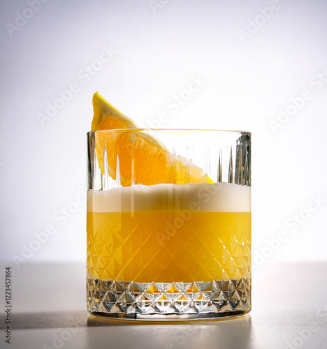 Whiskey Sour cocktail in a thick-bottomed glass, decorated with a lemon wedge. The drink has a foamy top thanks to the egg white. Placed on a light background with bar accessories, emphasizing the ele photo