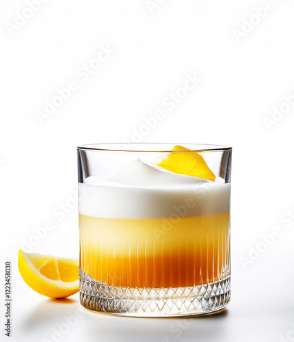 Whiskey Sour cocktail in a thick-bottomed glass, decorated with a lemon wedge. The drink has a foamy top thanks to the egg white. Placed on a light background with bar accessories, emphasizing the ele photo