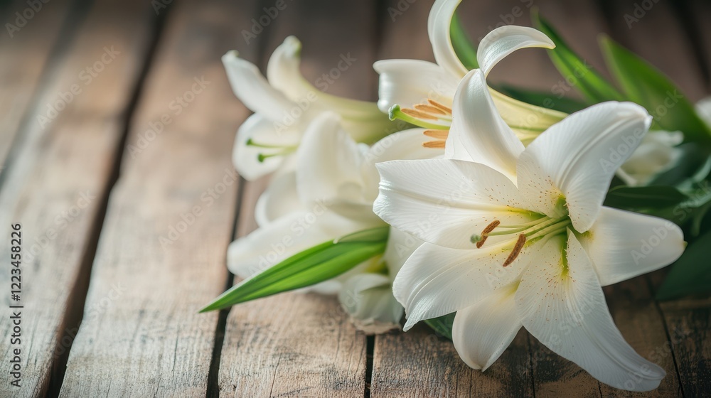 Elegant white lilies on wooden surface with natural lighting Elegant white lilies on wooden surface with natural lighting