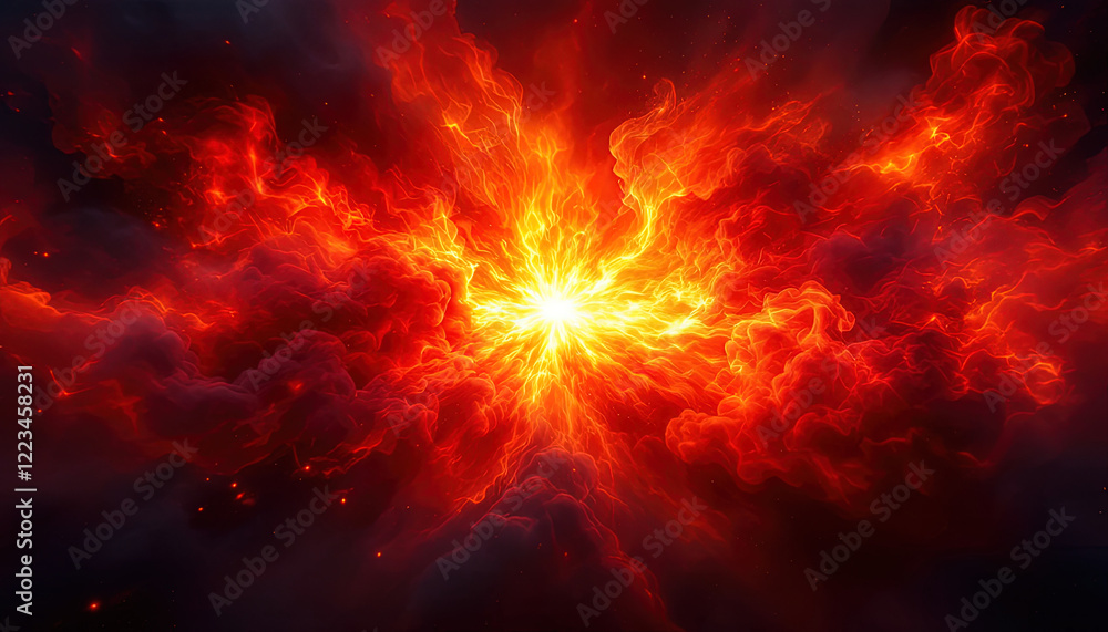 Dramatic fire and smoke effect glowing red and yellow colors exploding outwards with center space. Vivid and hot hell abstract or blazing fire background or wallpaper Dramatic fire and smoke effect glowing red and yellow colors exploding outwards with center space. Vivid and hot hell abstract or blazing fire background or wallpaper