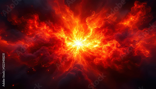 Dramatic fire and smoke effect glowing red and yellow colors exploding outwards with center space. Vivid and hot hell abstract or blazing fire background or wallpaper