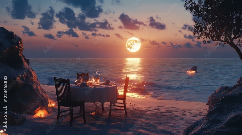 Romantic beach dinner under sunset Romantic beach dinner under sunset