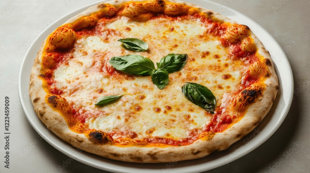 A classic cheese pizza with a crispy thin crust, topped with melted mozzarella and a sprinkle of basil, Centered on a plain white plate A classic cheese pizza with a crispy thin crust, topped with melted mozzarella and a sprinkle of basil, Centered on a plain white plate