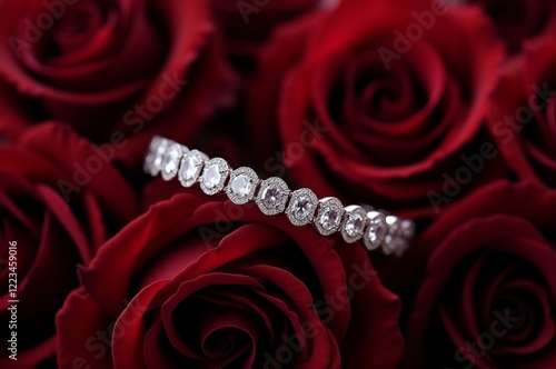Delicate diamond bracelet sparkles brilliantly among vibrant red roses, capturing the essence of luxury and love, perfect for celebrations and heartfelt moments