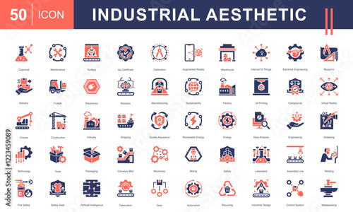 Icon set showcasing an industrial aesthetic, including robotics, machinery, manufacturing, safety, engineering, renewable energy, and technology. Perfect for industrial and tech-focused projects.